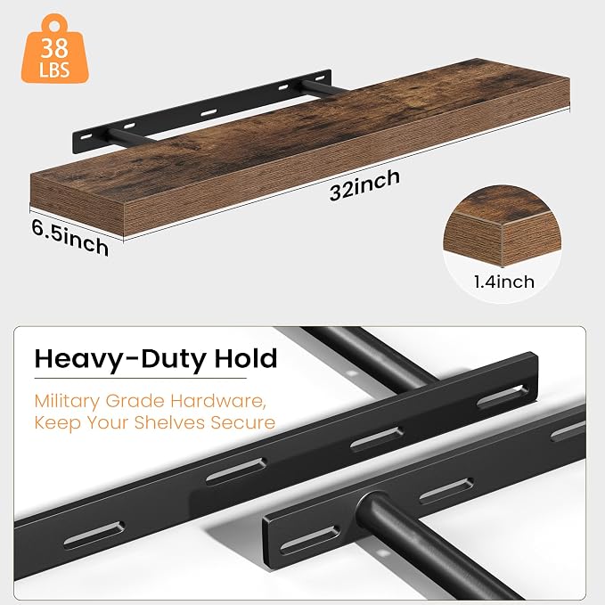 Fun Memories Floating Shelves for Wall, 32 Inch Set of 2 Rustic Wood Wall - Image 4