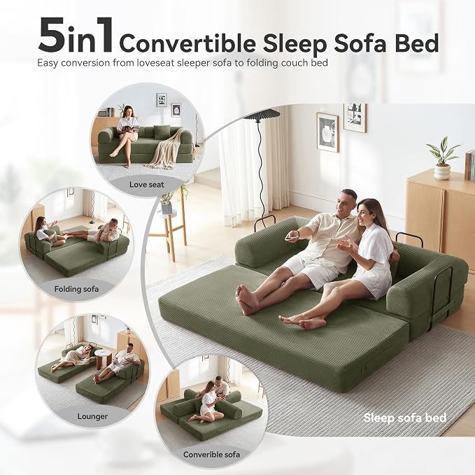 Sleeper Sofa, Comfy Convertible Folding Couch-Futon-Corduroy Fabric Sleeper - Image 4