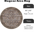 5ft Round Brown Blue Vintage Floral Washable Rug - Image 2