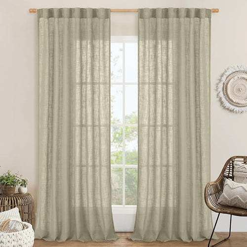 102 Inches Long Linen Curtains for Living Room Bedroom 2 Panels | Semi Sheer by LAMIT