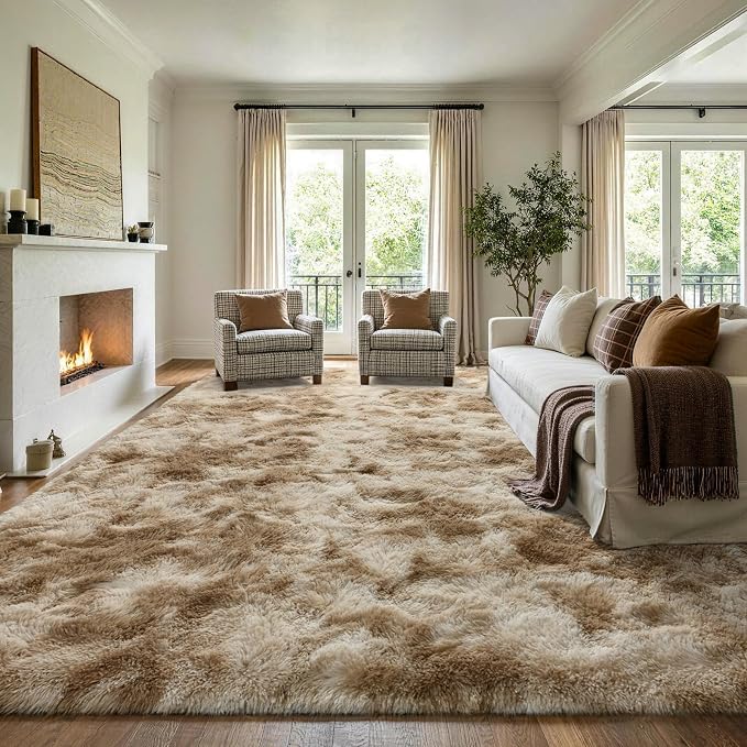 8x10 Extra Large Tie-Dyed Beige Fluffy Area Rug Non-Slip - Image 3