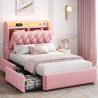 Twin LED Velvet Bed Frame with 2 Storage Drawers&Hidden Headboard, Upholstered by JOCOEVOL
