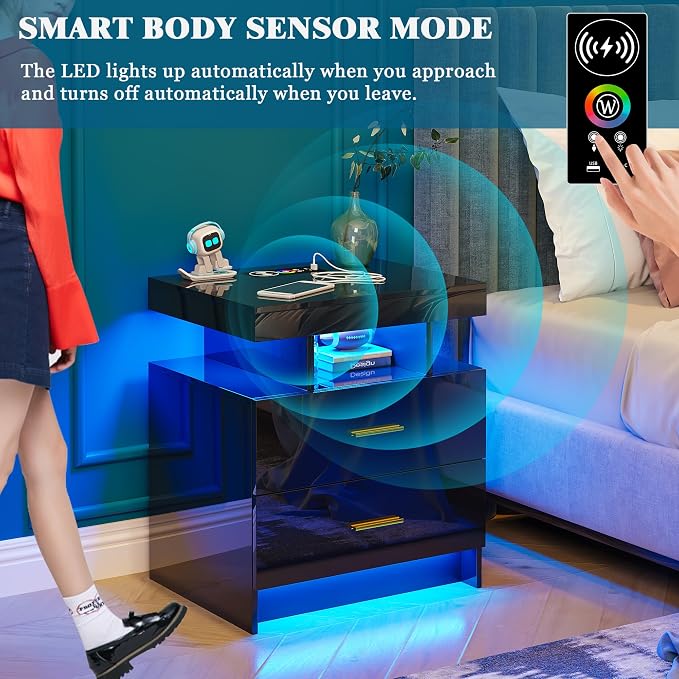 WOOVIVS Night Stand Set 2 with USB/Type-C/Wireless Charging Station, Blakc - Image 4