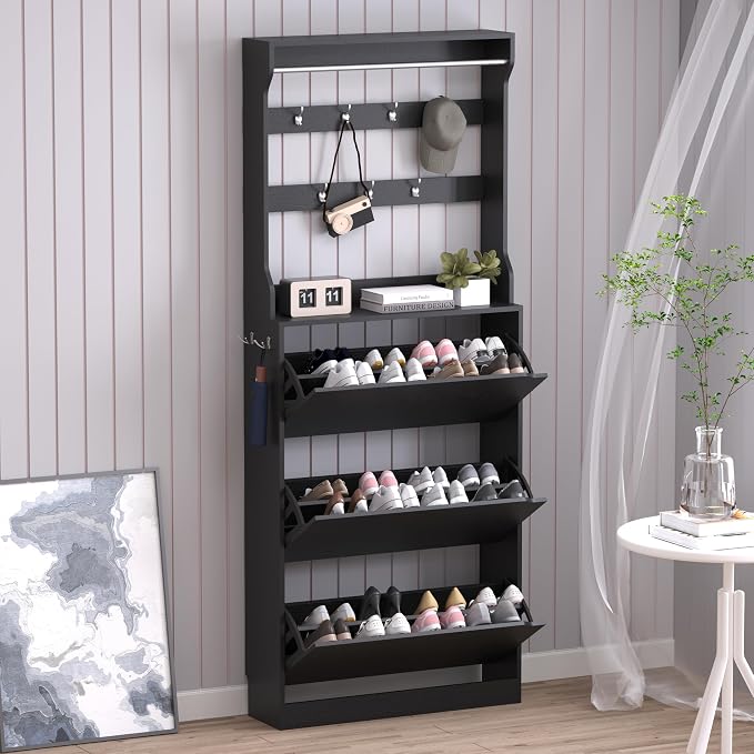 BORNOON Shoe Cabinet with 3 Flip Drawers & Coat Rack, Narrow Hidden Shoe by BORNOON