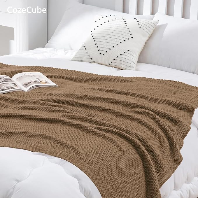 CozeCube Caramel Brown Seed Stitch Throw Blanket 60"x80", Farmhouse Decor | - Image 2