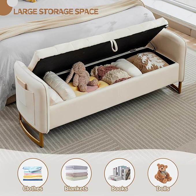 66" End of Bed Storage Bench King Size, Velvet Storage Benches - Image 3