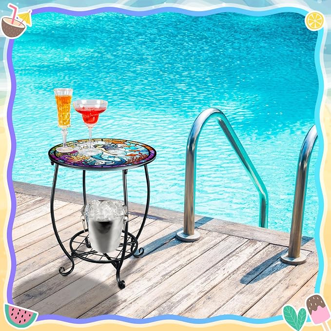 Cinnvoice Outdoor Side Table Round Small Mosaic Patio Accent Indoor End Plant - Image 2