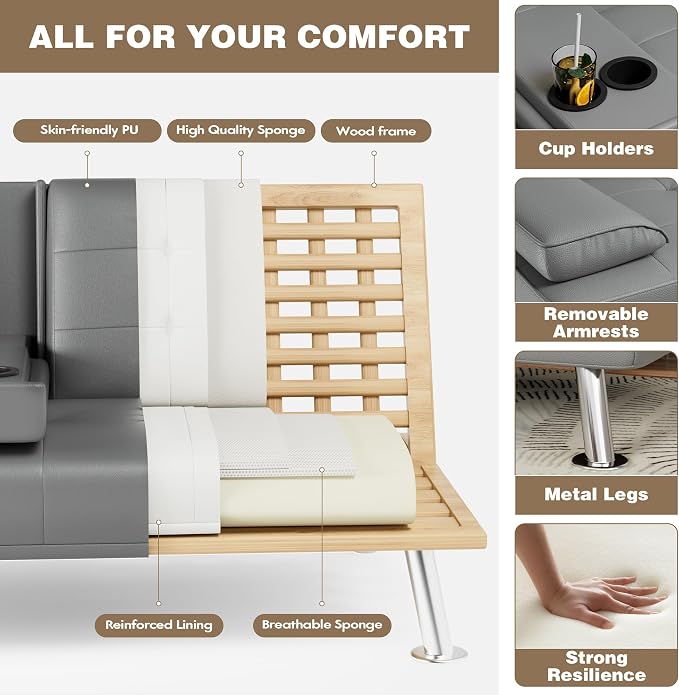 Homall Futon Sofa Bed, Leather Futon Couch - Image 5