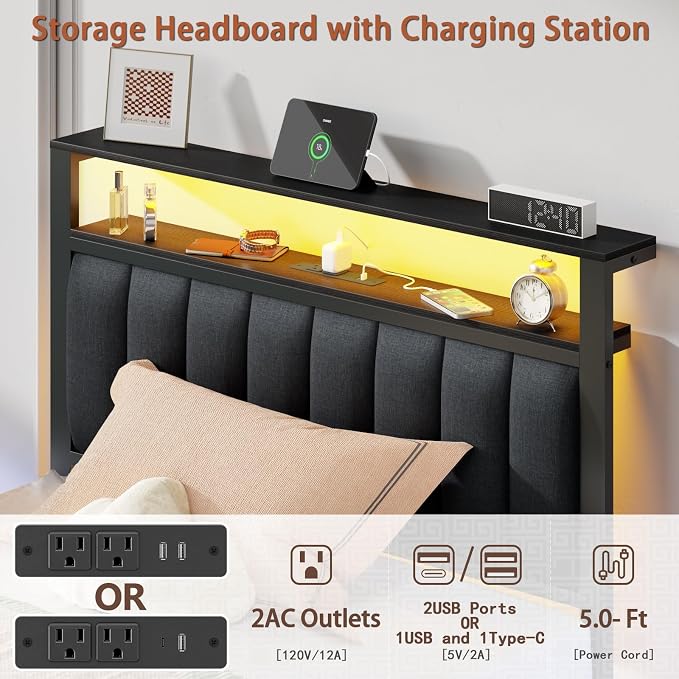 Furnulem Twin Bed Frames with Charging Station and LED Lights, Metal Platform - Image 9