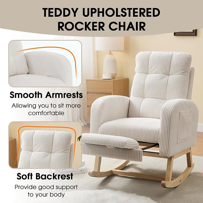 NIOIIKIT Nursery Rocking Chair, Corduroy Upholstered Rocking Chair - Image 6
