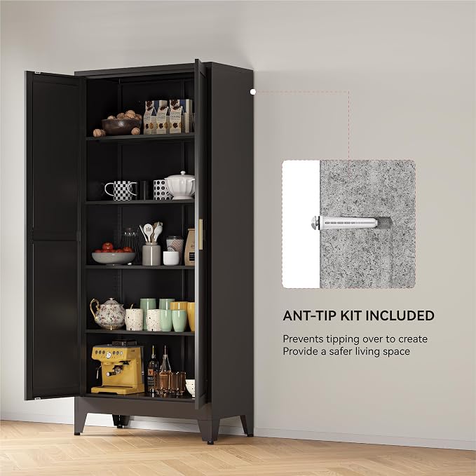 YAUWOH 71''Metal Cabinet with 4 Adjustable Shelves, 5-Tier Pantry Storage - Image 5