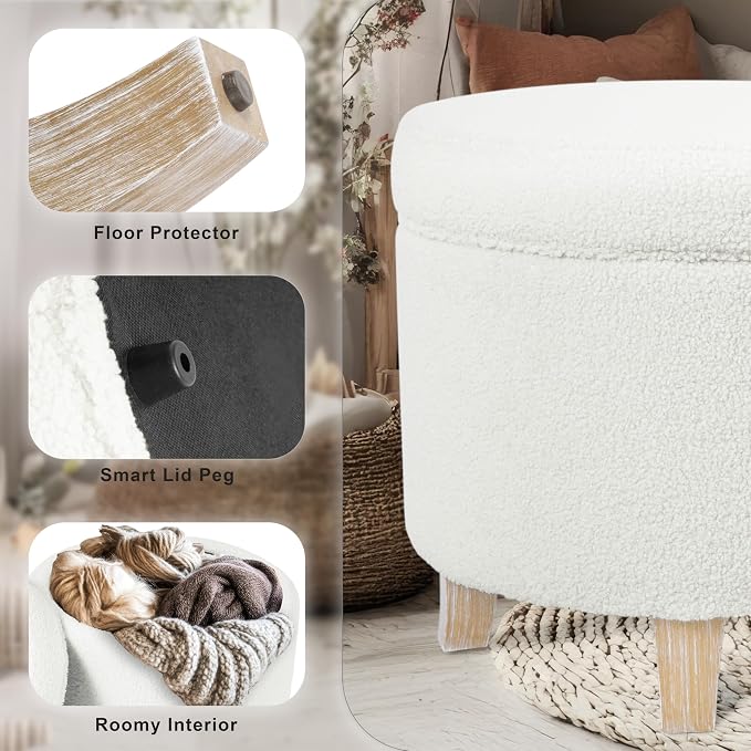 HomePop Round Transitional Faux Sheepskin Fabric Storage Ottoman|Homepop Home - Image 4