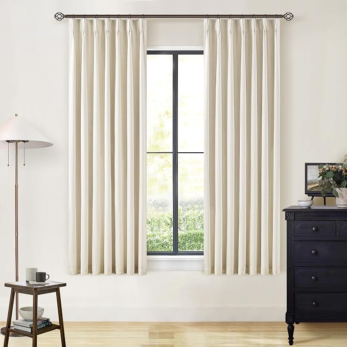 Cream Beige 63 Inch Length Blackout Pinch Pleated Linen Curtains by Twodrapes