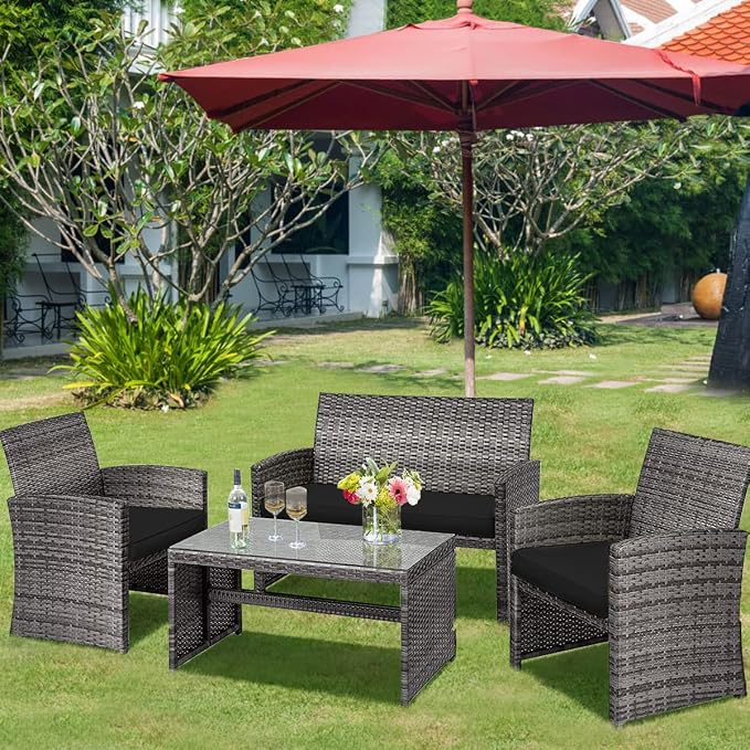 Tangkula 4 PCS Wicker Patio Conversation Set, Outdoor Rattan Sofas - Image 3
