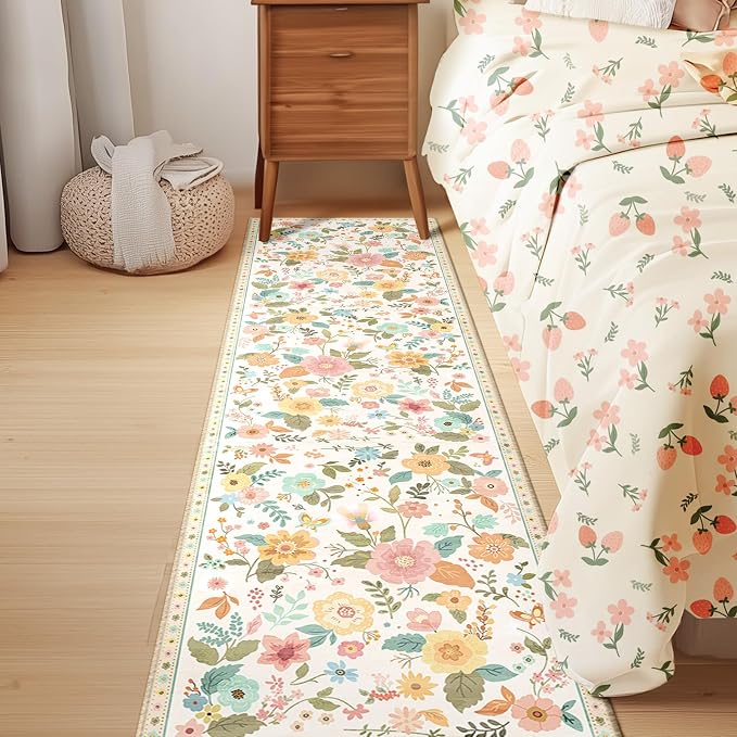 Floral Washable 2x8 Area Rugs Runner Entryway Hallway Beige/White/Orange | - Image 9