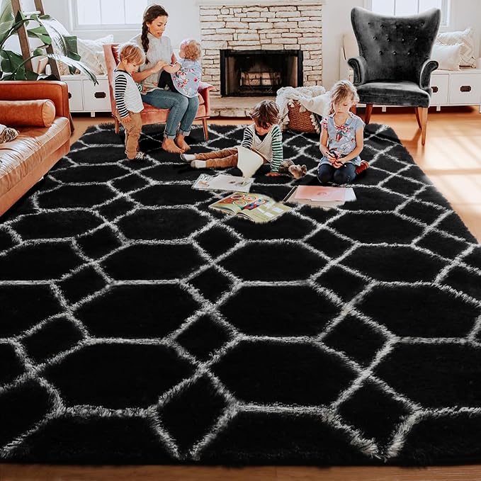 6x9 Area Rugs for Living Room Bedroom, Fluffy Black and White Geometric Rug | - Image 8