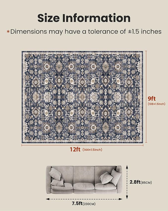 AMADA HOMEFURNISHING 9x12 Washable Area Rug, Low-Profile Large Area Rug - Image 2