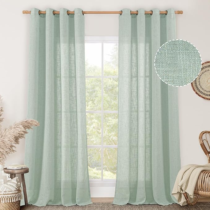 Light Sage Linen Curtains 84 inch Length 2 Panels Set, Linen Textured Light by LAMIT