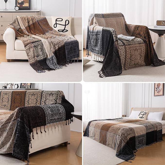 Boho Throw Blanket, Chenille Jacquard Tassels Throw Blankets - Image 5