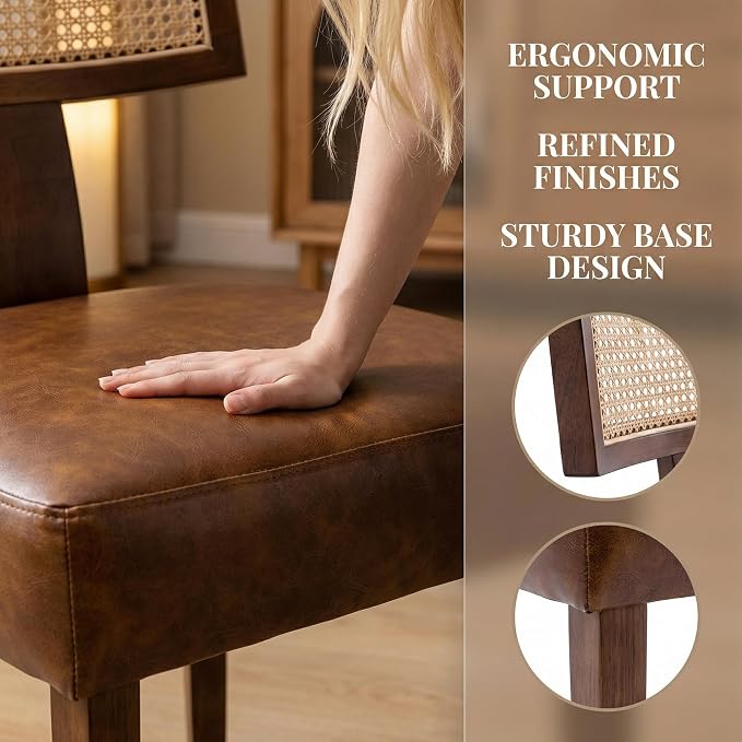 HNY Mid Century Modern Rattan Dining Chairs Set of 2, Farmhouse PU Leather - Image 4