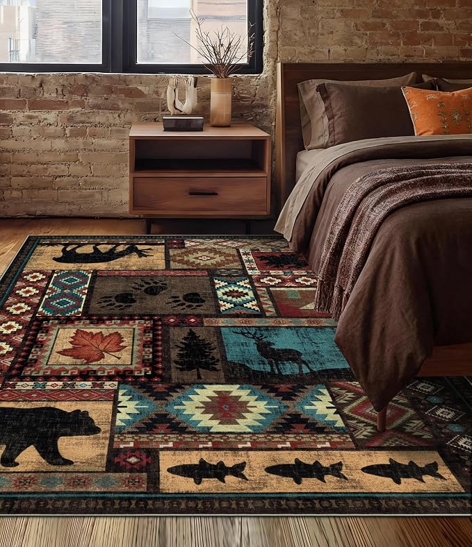 Rustic Cabin Area Rug 4x6, Machine Washable Lodge Bear Rug, Non-Slip Low Pile by YIHOUSE