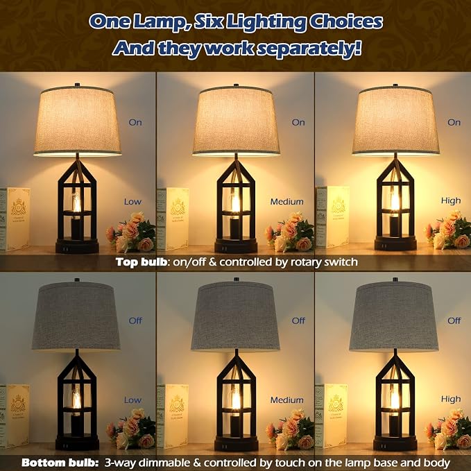 BesLowe 2-Light Farmhouse Rustic Touch Table Lamps Grey, 3-Way Dimmable Bedside - Image 3