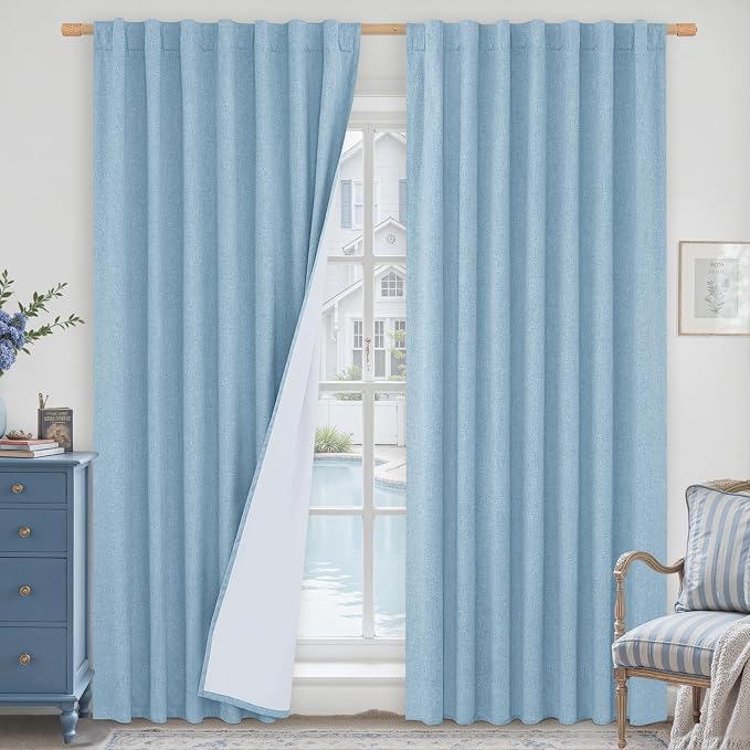 Stone Blue 100% Blackout Linen Curtains 84 Inch by LAMIT