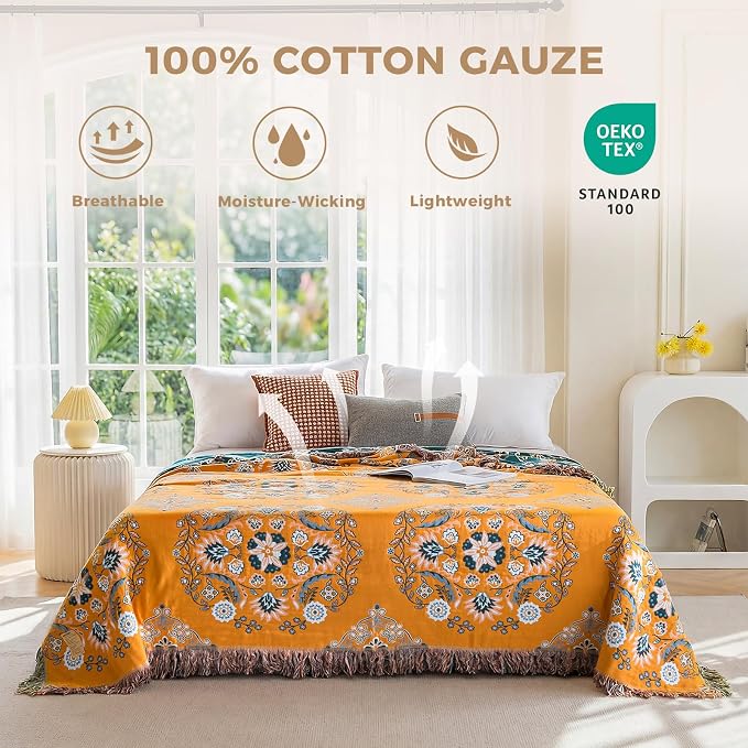 LUTBM Boho Throw Blanket for Bed 100% Cotton Soft Lightweight Quilt Floral - Image 2