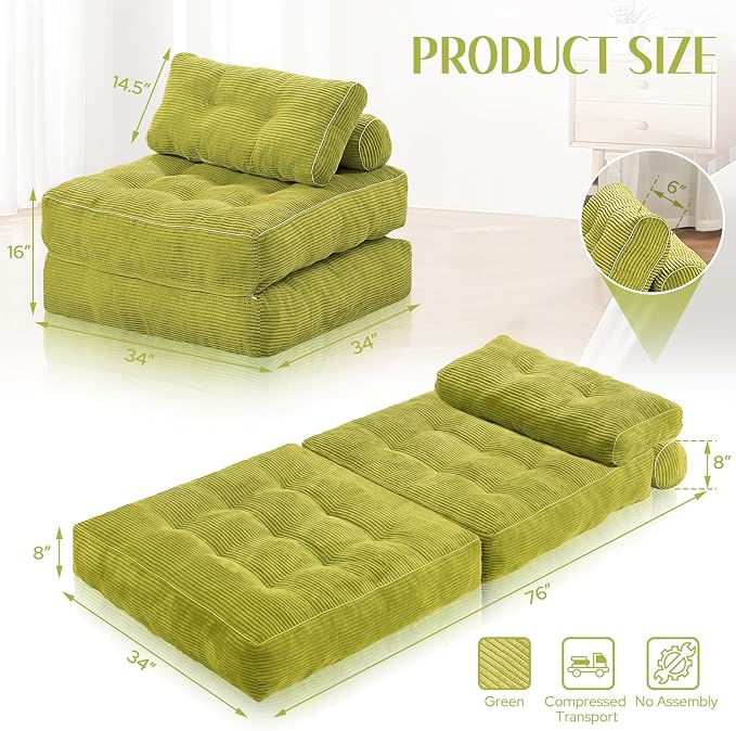 HABUTWAY Folding Sofa Bed, Convertible Sleeper Chair Bed w/Dual-Pillow & Handle - Image 2