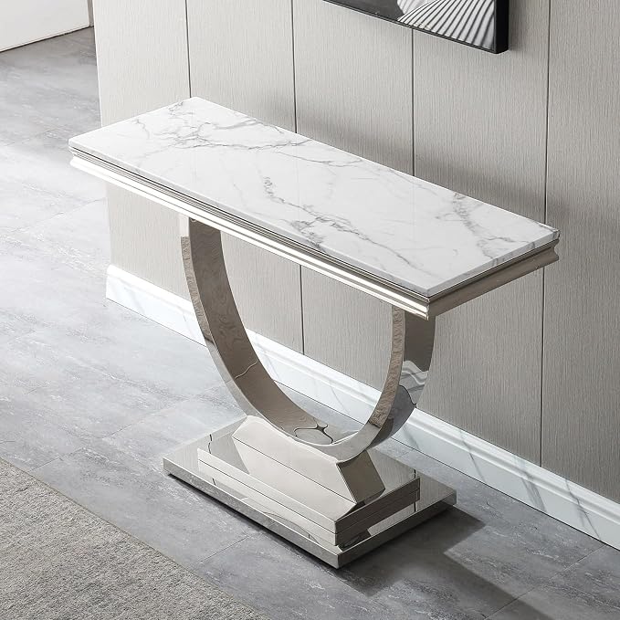 Henf 47" Marble Console Table Modern White Faux Marble Entryway Table - Image 3