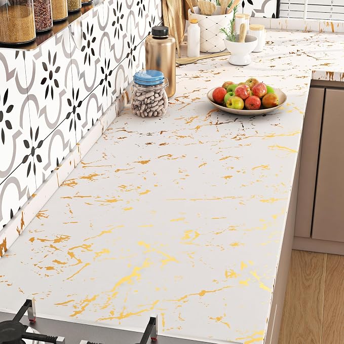 FunStick 24"x200" Off White and Gold Marble Peel and Stick Wallpaper Self - Image 4