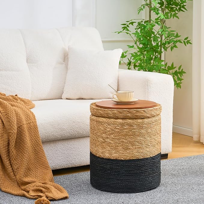 Wimarsbon Round Pouf Ottomans, Handwoven Natural Water Hyacinth Seagrass Pouffe - Image 6