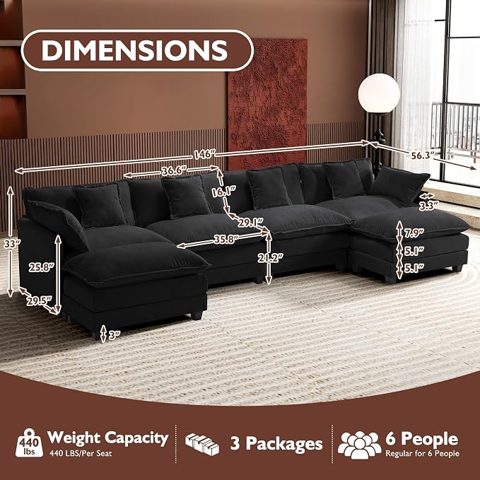 Ihanherry U-Shaped Modern Sofa 146" Modular Sectional Cloud Couch - Image 2