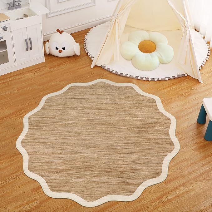 GarveeHome Scalloped Round Washable Rug 5ft Soft Non Slip, Light Brown | Circle - Image 3