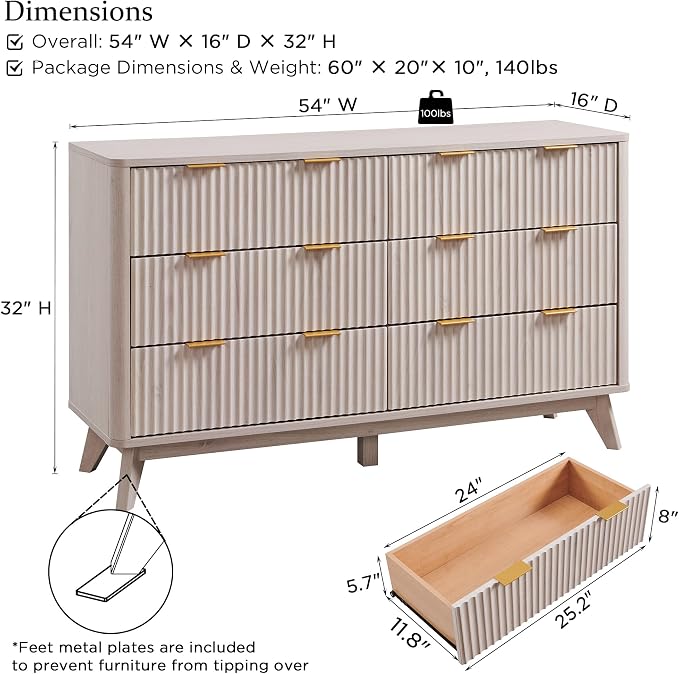 T4TREAM Fluted 6 Drawers Dresser, Curved Profile Design, Dresser TV Stand - Image 2