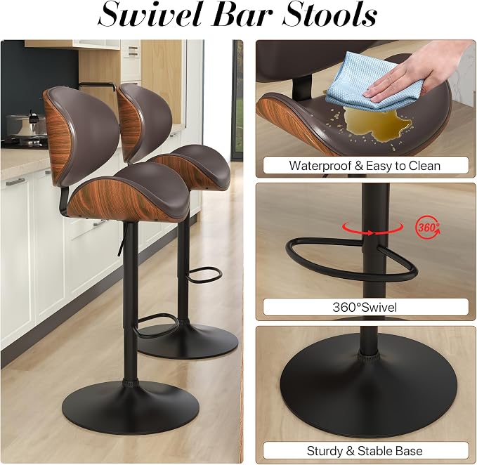 KCC Bar Stools Set of 6, Swivel Adjustable Height Barstools, PU Leather - Image 4
