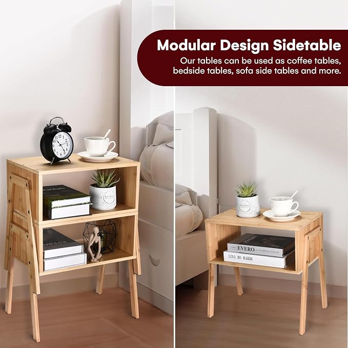Vdomus Bamboo Stackable Nightstand Set of 2- Natural Wood Matching Side Table - Image 4