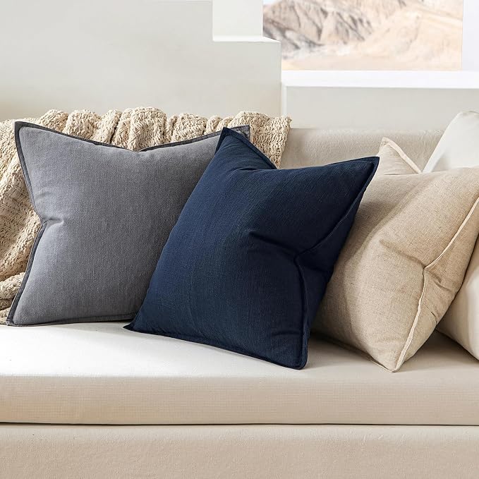 MIULEE Decorative Linen Pillow Covers 24x24 Inch Navy Blue | Boho Farmhouse​ - Image 3