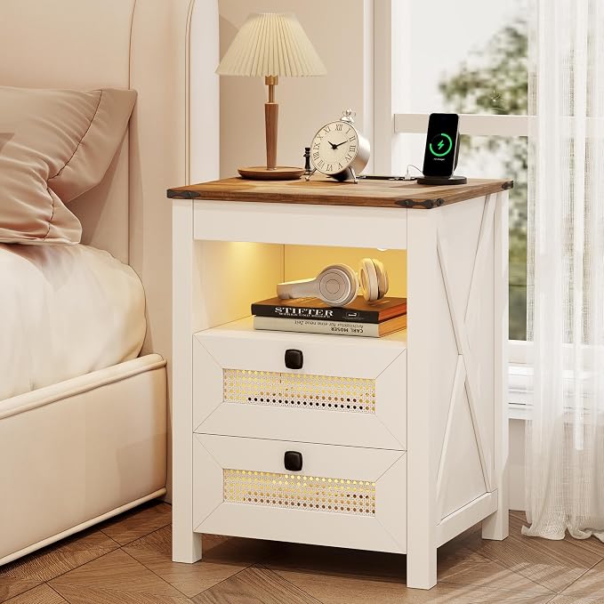 Nightstand with Gun Drawer, Rattan Bedside Table with Charging Station - Image 7