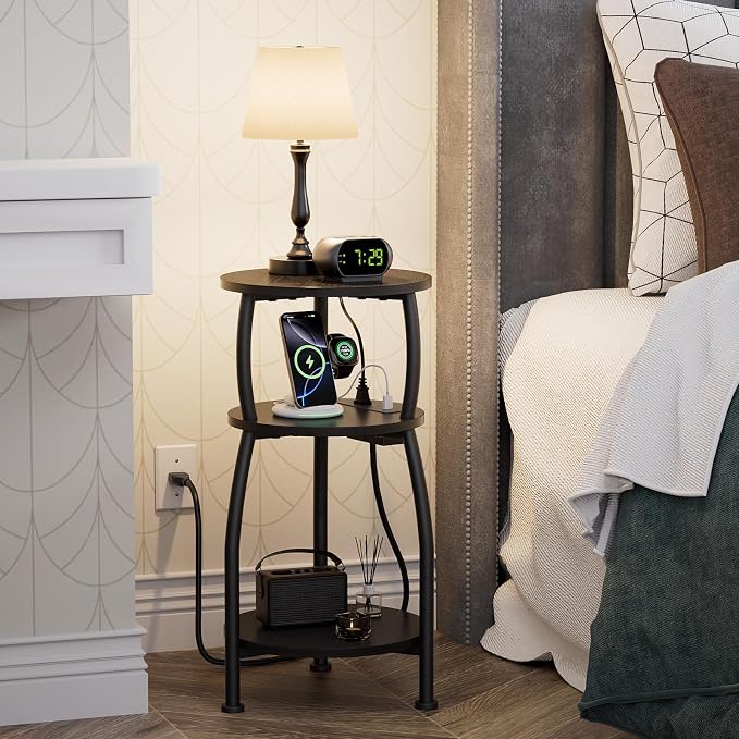 Round Side Table with Power Outlet & USB Ports, 3-Tier End Table with Storage - Image 2