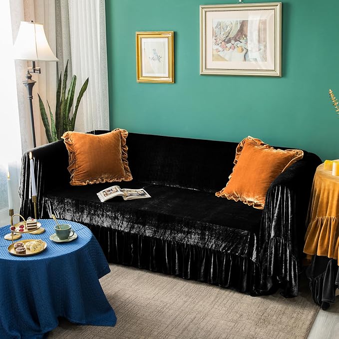 GLORY SEASON Velvet Sofa Cover Soft Decorative Luxurious Solid Exquisite Ruffle - Image 9