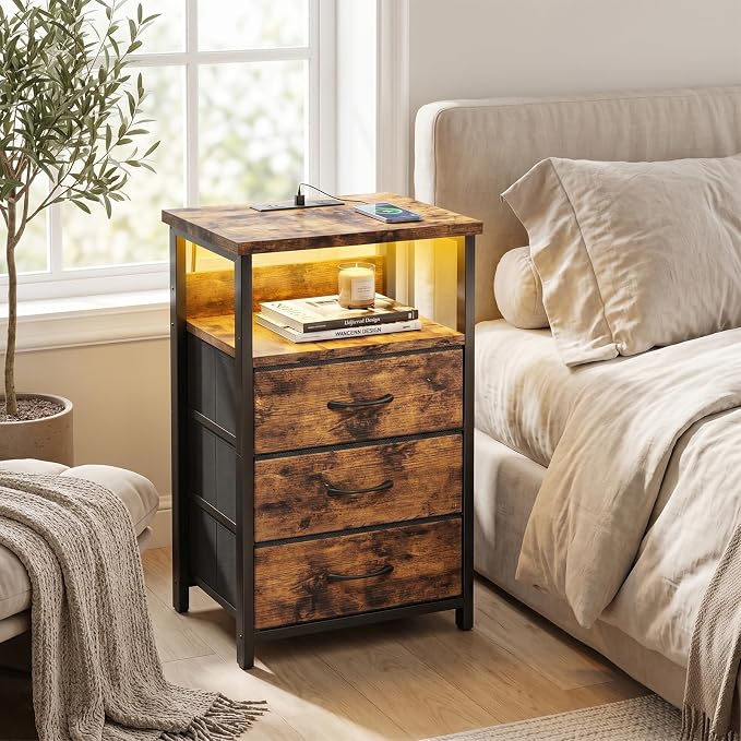 Fixwal Night Stand with Charging Station, LED Nightstand with Fabric Drawers - Image 2
