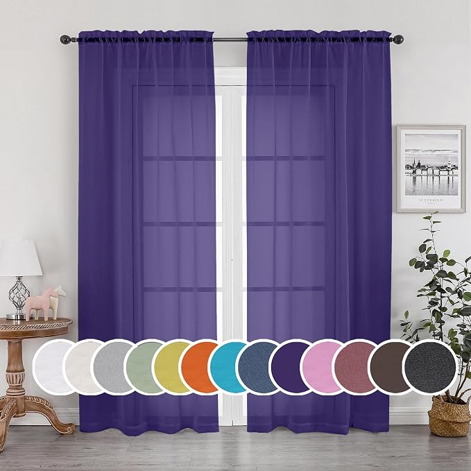 Purple Sheer Curtains 63 inch Length 2 Panels Set, Rod Pocket Voile Fimly Sheer by OWENIE
