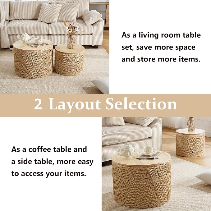 Kmax 24" Round Wood Nesting Coffee Table Set of 2 Handcraft Woven & Rope Rattan - Image 4