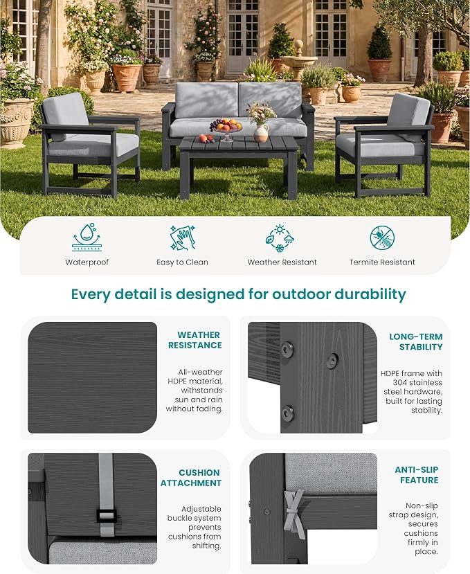 SERWALL 8 Pieces HDPE Outdoor Conversation Sofa Set - Image 4