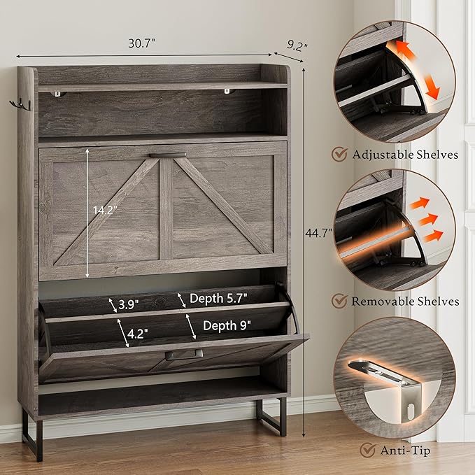 BORNOON Shoe Cabinet with 2 Flip Drawers Narrow Shoe Storage Organizer Wooden - Image 2