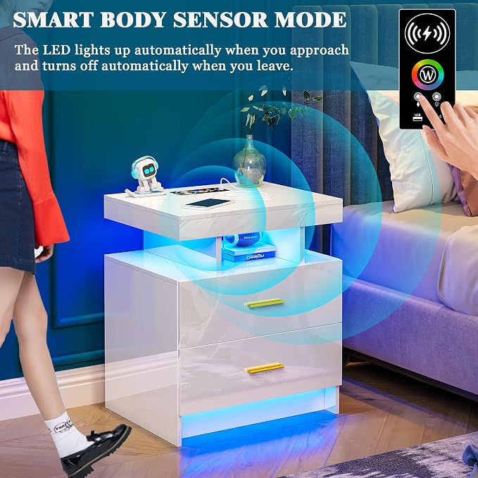 WOOVIVS Night Stand with Light, High Gloss Nightstand with USB/Wireless - Image 6