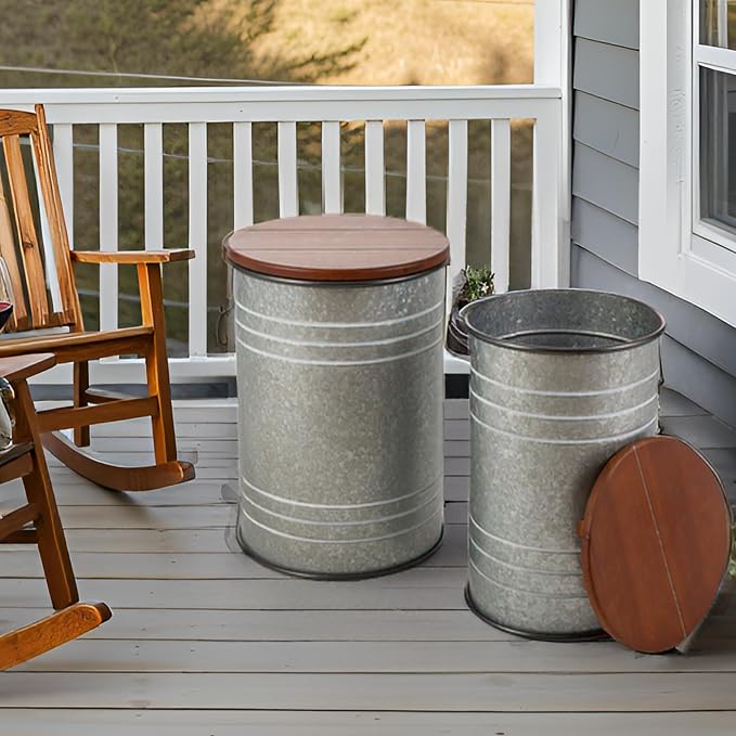 Glitzhome Rustic End Table Set of 2, Farmhouse Galvanized Metal Barrel Ottoman - Image 2