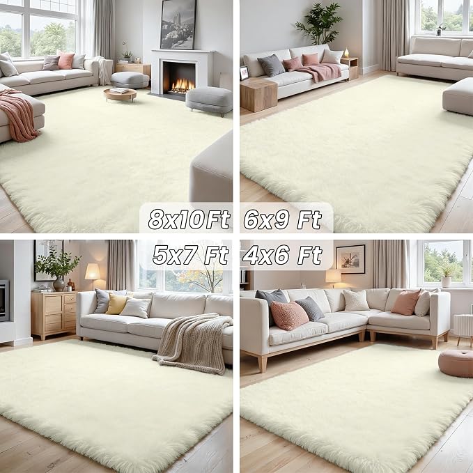 5x8 Fluffy Shag Area Rugs for Living Room Bedroom: Soft Carpet Cream White | - Image 7