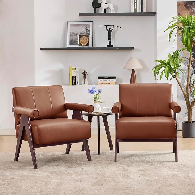 STHOUYN Brown Leather Accent Chairs Set of 2, Mid Century Modern Chair Set of 2 by STHOUYN